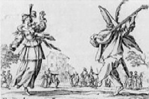 [engraving of dancers out of doors]